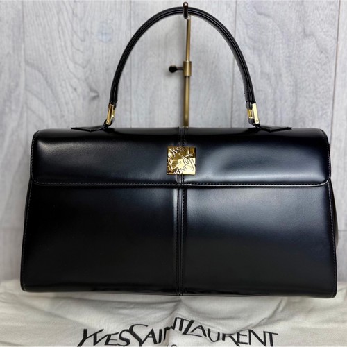 Yves Saint Laurent Black Leather Flap Top Handle Bag YSL Logo Plate Vintage JP