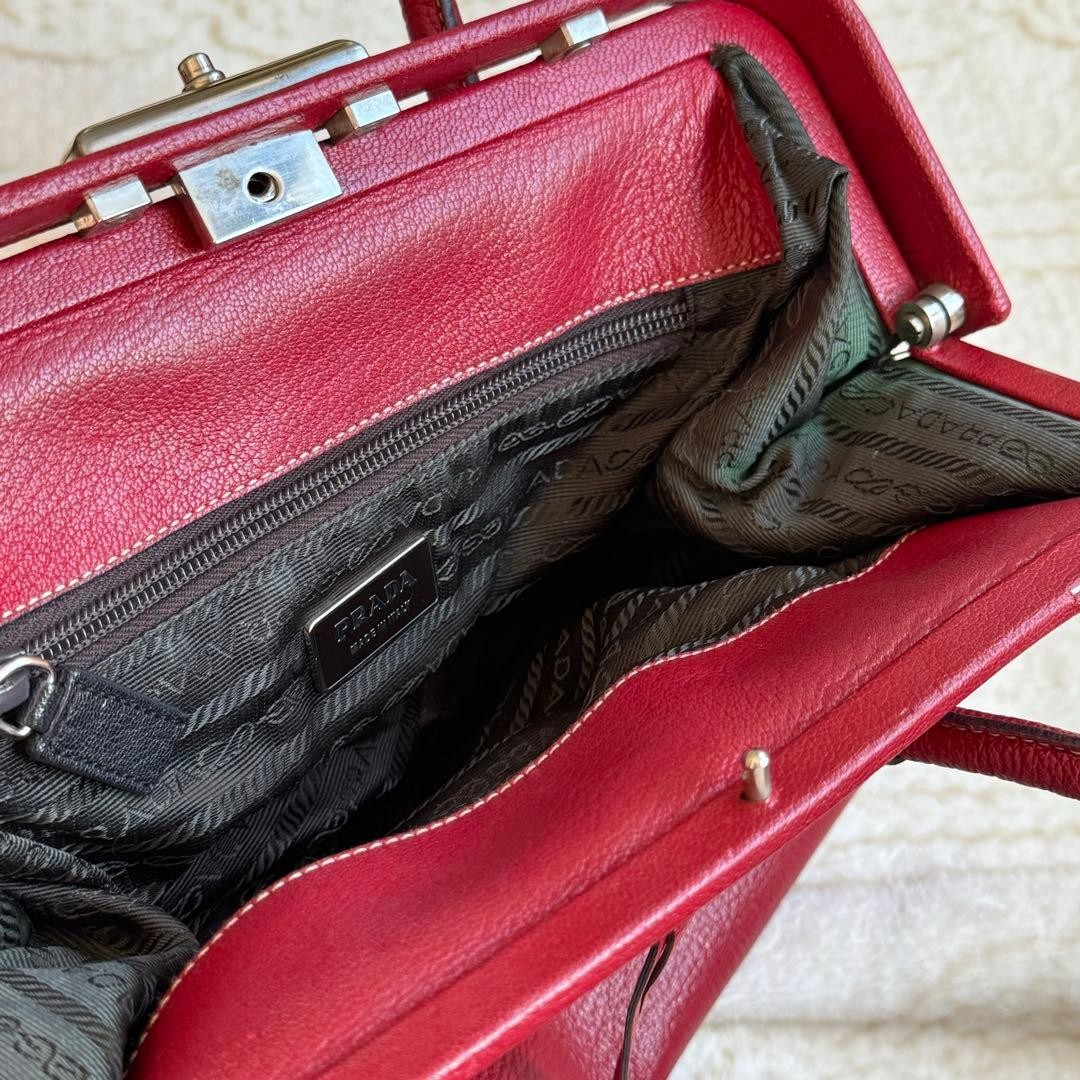 PRADA Hand Bag Clasp Purse Leather Red Silver thumbnail 11