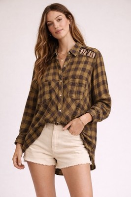 Free People Oversized Gauzy Plaid Cut Out Shoulder Shirt Boho Flannel Top Large