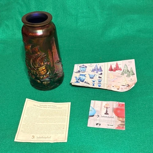 Fenton Cobalt Blue Carnival Glass Santa Maria Ship Vase 4185 KU Box & Inserts