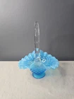 FENTON SMALL BLUE OPALESCENT HOBNAIL RUFFLED BASKET