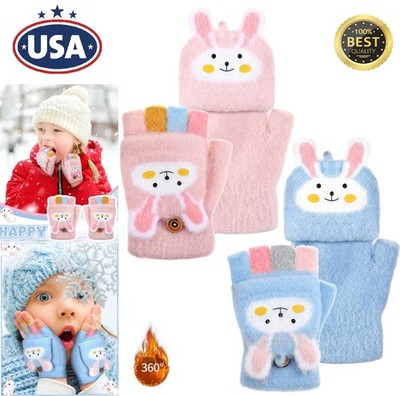 Rabbit Convertible Flip Top Gloves Kids Winter Wool Knit Fingerless Gloves USA