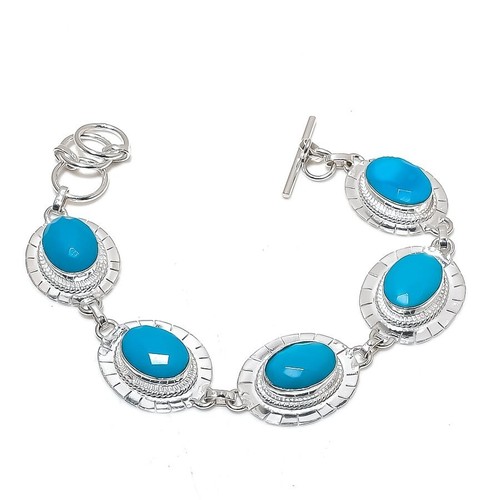 Blue Turquoise Gemstone Handmade 925 Sterling Silver Jewelry Bracelet Size 7-8" - 第 1/1 張圖片