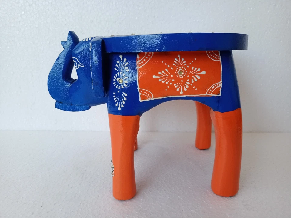 Handmade Elephant shape Hand painted Brass Wooden Stool Cum Side Table Furniture - Image 2 of 4