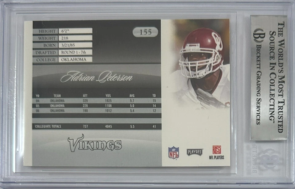Tarjeta automática Adrian Peterson 2007 Playoff #155 NFL Minnesota Vikings BAS Encap RC Foto 2 de 2