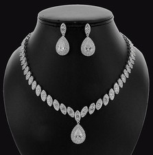 Tear Drop Halo CZ Cubic Zirconia Crystal Necklace Earrings Set Bridal Wed CZ904