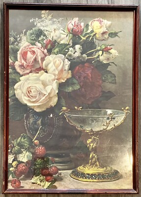 Vntg. Floral Art Print Litho Jean Baptiste Robie Still Life Cupid's Goblet 21 L