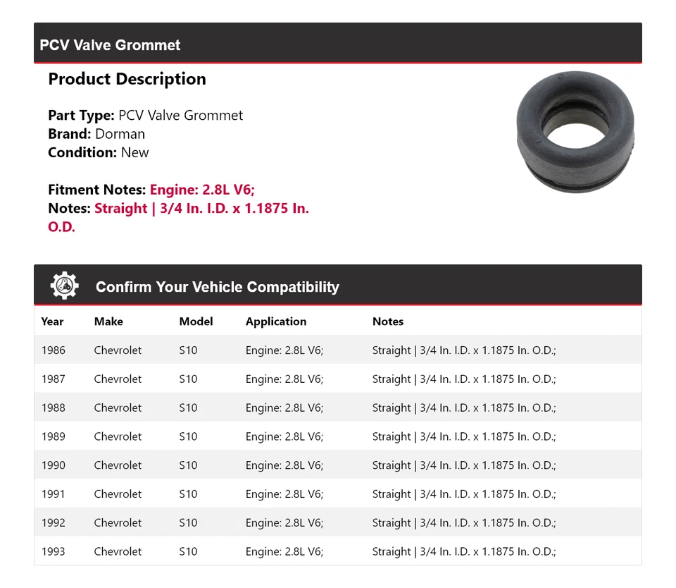 Para 1986-1993 Chevrolet S10 2.8L V6 Dorman PCV válvula ilhó 1987 1988 1989 1990 - Imagem 2 de 4