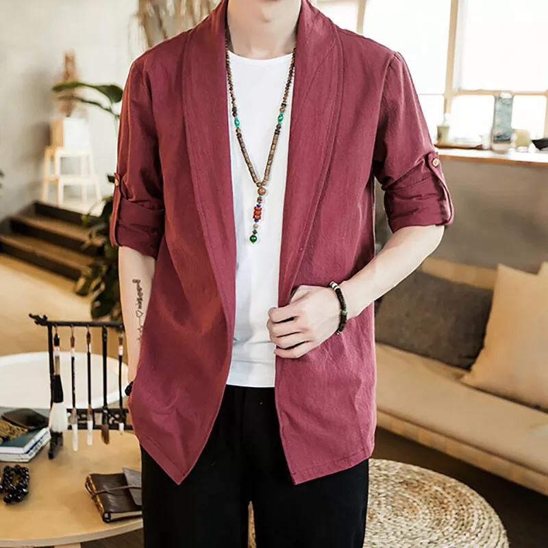 Men Cotton Linen Shirt Open Front Jacket Stand Collar Coat Casual Loose  Tops New