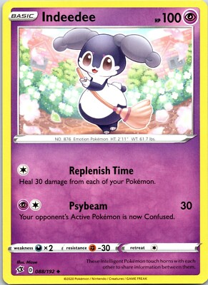 Pokémon Indeedee Rebel Clash 088/192 Regular TCG Card Uncommon 2020