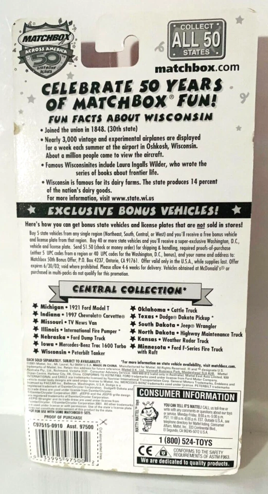 2001 Matchbox Across America 50th Birthday Wisconsin Peterbilt Dairy Tanker NEW - Image 3 of 3