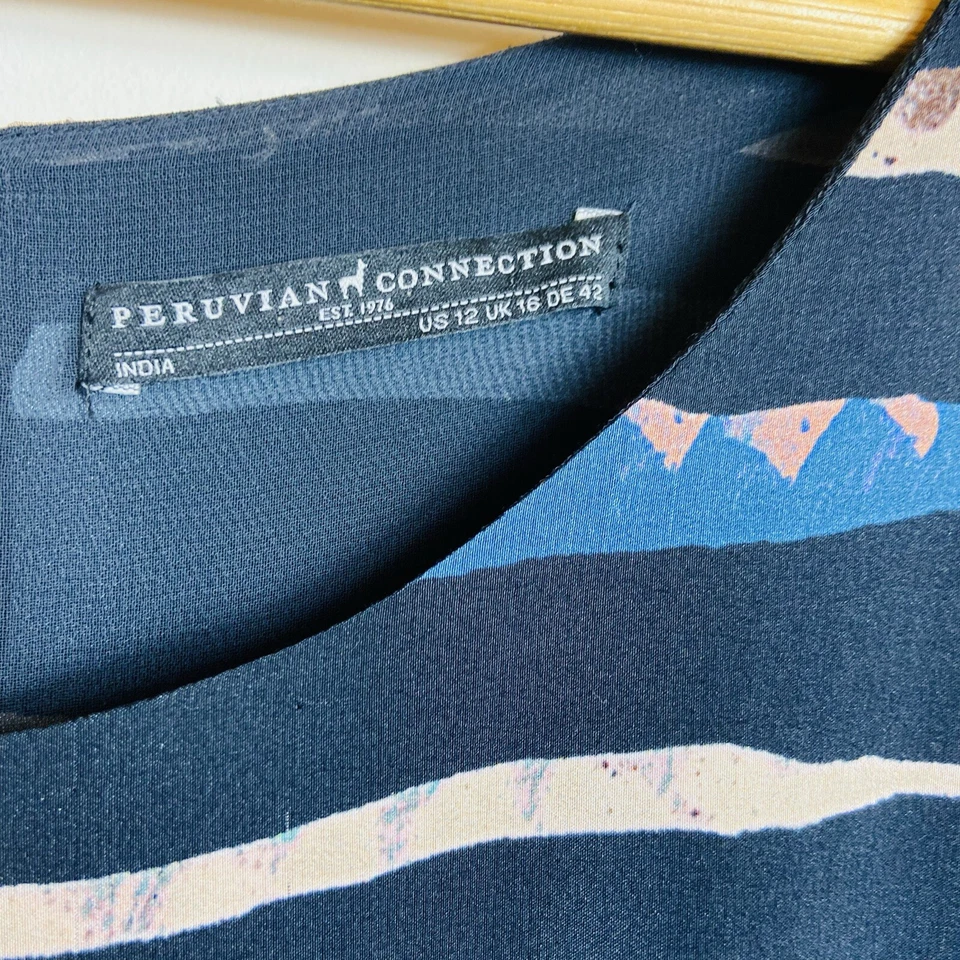 Vestido feminino peruvian connection 100% seda tamanho 12 EUA comprimento do joelho listras babado - Imagem 3 de 4