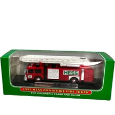 1999 HESS Miniature Ladder Red Fire Truck With Stand and SIgnage