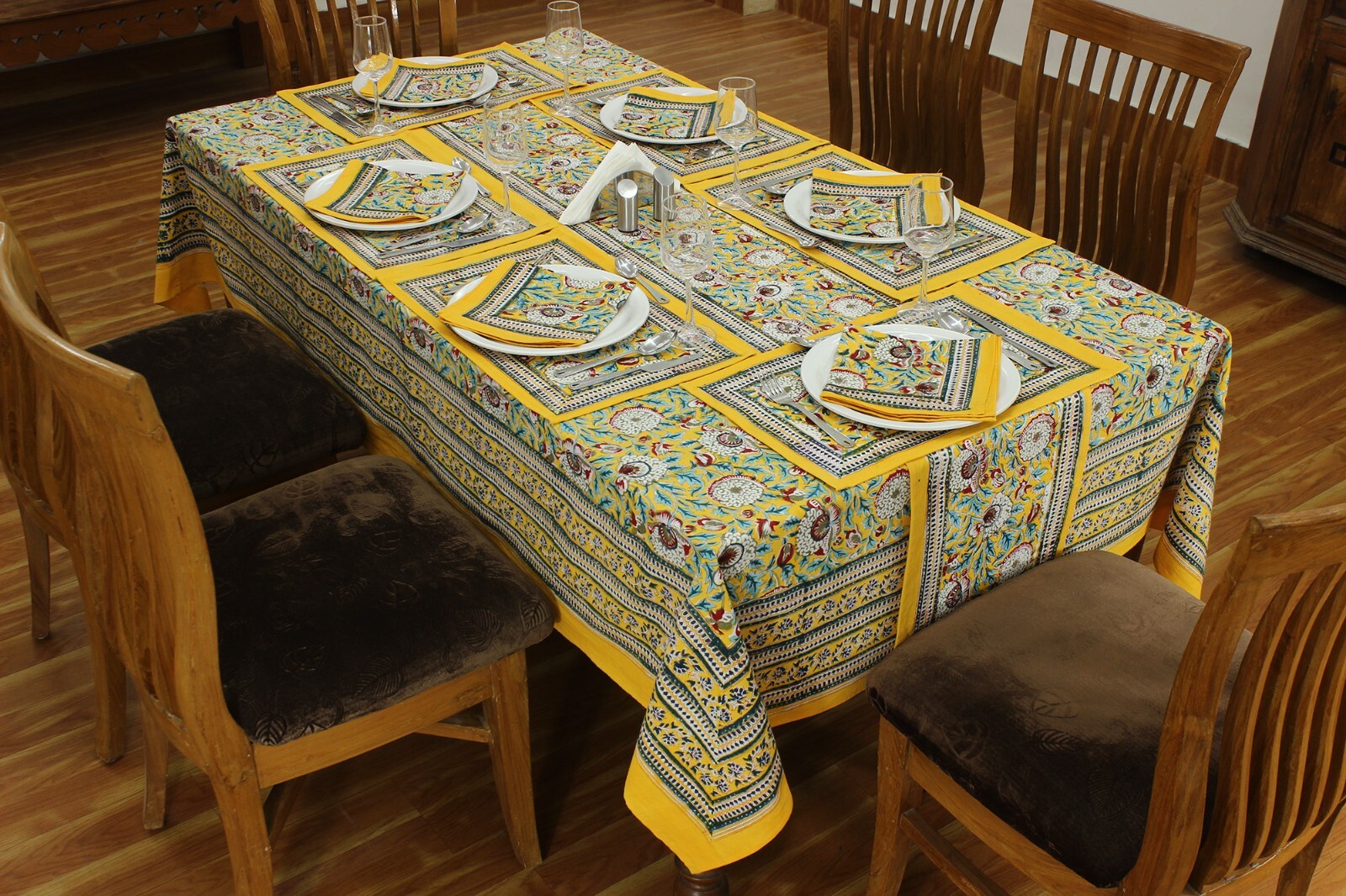 Yellow White Floral Hand Block Printed Cotton Tablecloth Gift