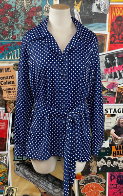 Vintage 60s-70s Navy Blue White Polka Dot Print Belted V-Neck Blouse Top L