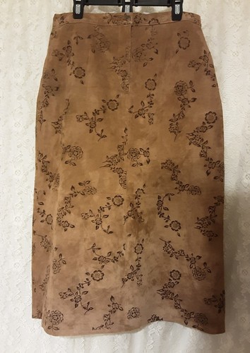 Gonna scamosciata Denim & Co. taglia L marrone e marrone floreale foderata midi modesta