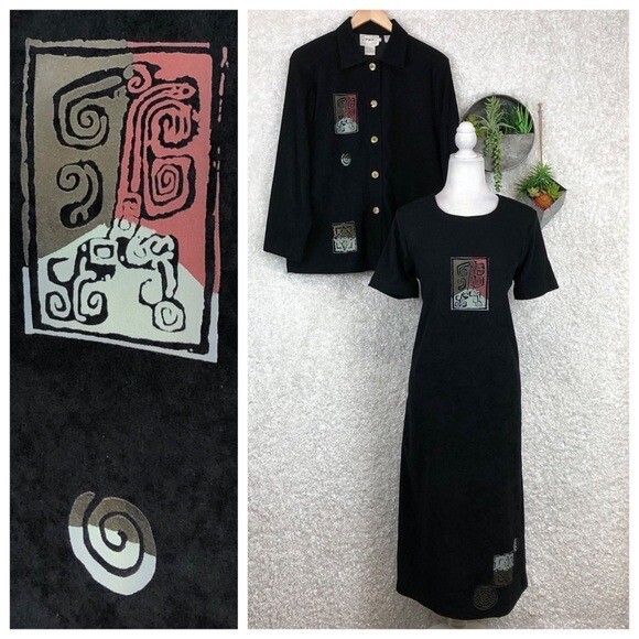 Vtg Black Tribal Print Microsuede Maxi Dress And … - image 1