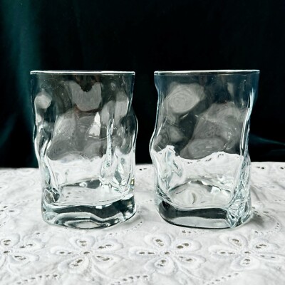 Set Of Two Bormioli Rocco Sorgente Style Double Old Fashioned Glasses Wavy 8 oz