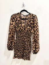 Fashion Nova Leopard Print Smocked Mini Dress XS Long Sleeve V Neck Ruched Waist