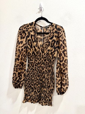 Fashion Nova Leopard Print Smocked Mini Dress XS Long Sleeve V Neck Ruched Waist