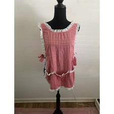 Tender Loving Care Vintage Red Gingham Eyelet Lace Smock Apron Side Tie