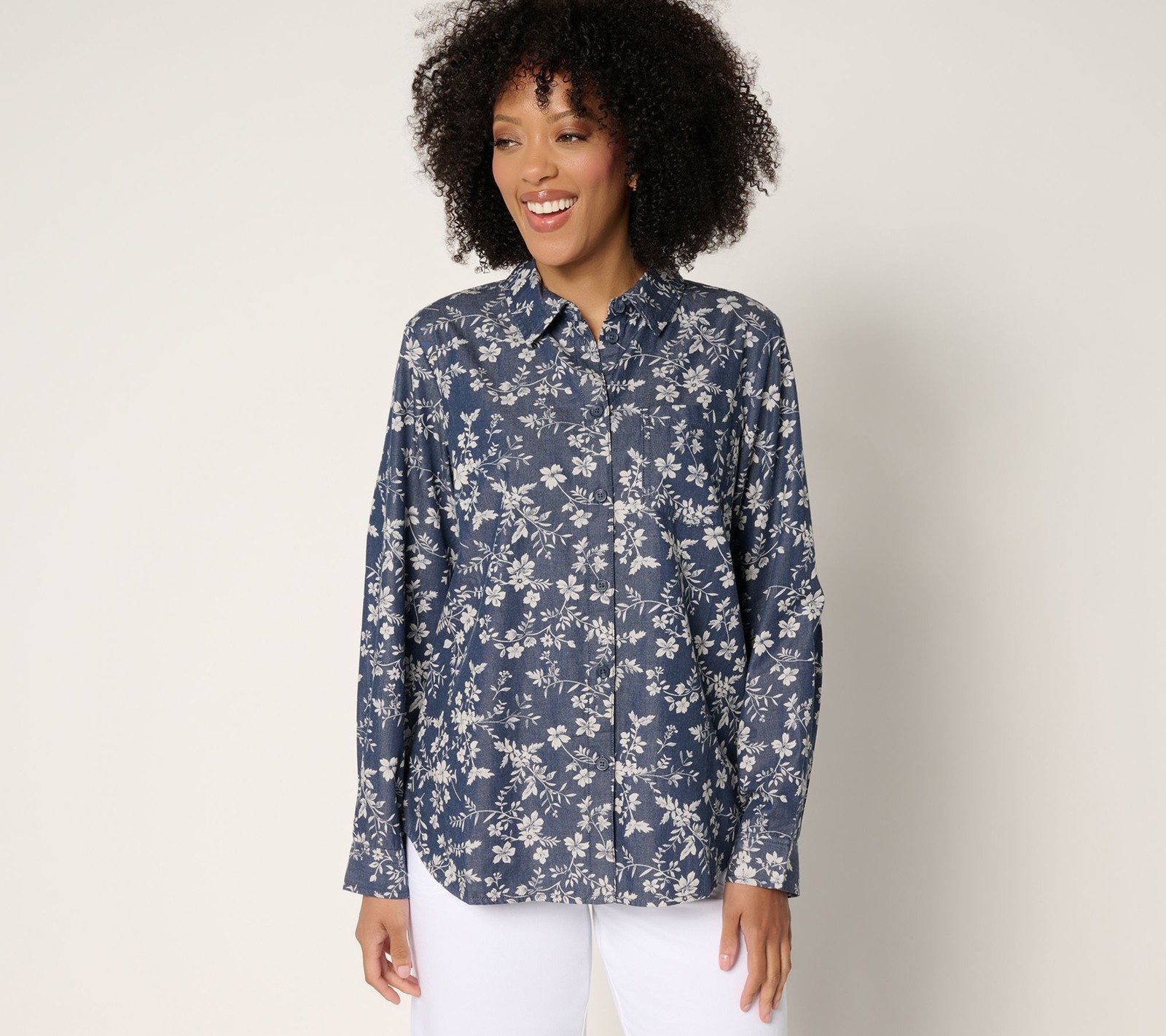 SUNNYLiFE Women's Top Plus Sz 1X Cotton Chambray Floral Multi-colored A688997