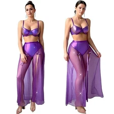 Women's Nightwear Set Metallic Underwire Bra Crop Top + Briefs + Mesh Maxi Skirt