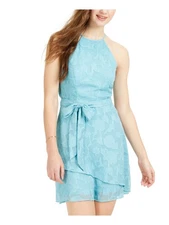TEEZE ME Womens Aqua Belted Sleeveless Halter Mini Fit + Flare Dress 3
