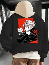 Men'S Anime Graphic Hoodie - Black with Red Accent Back Print, Kangaroo Pocket P
