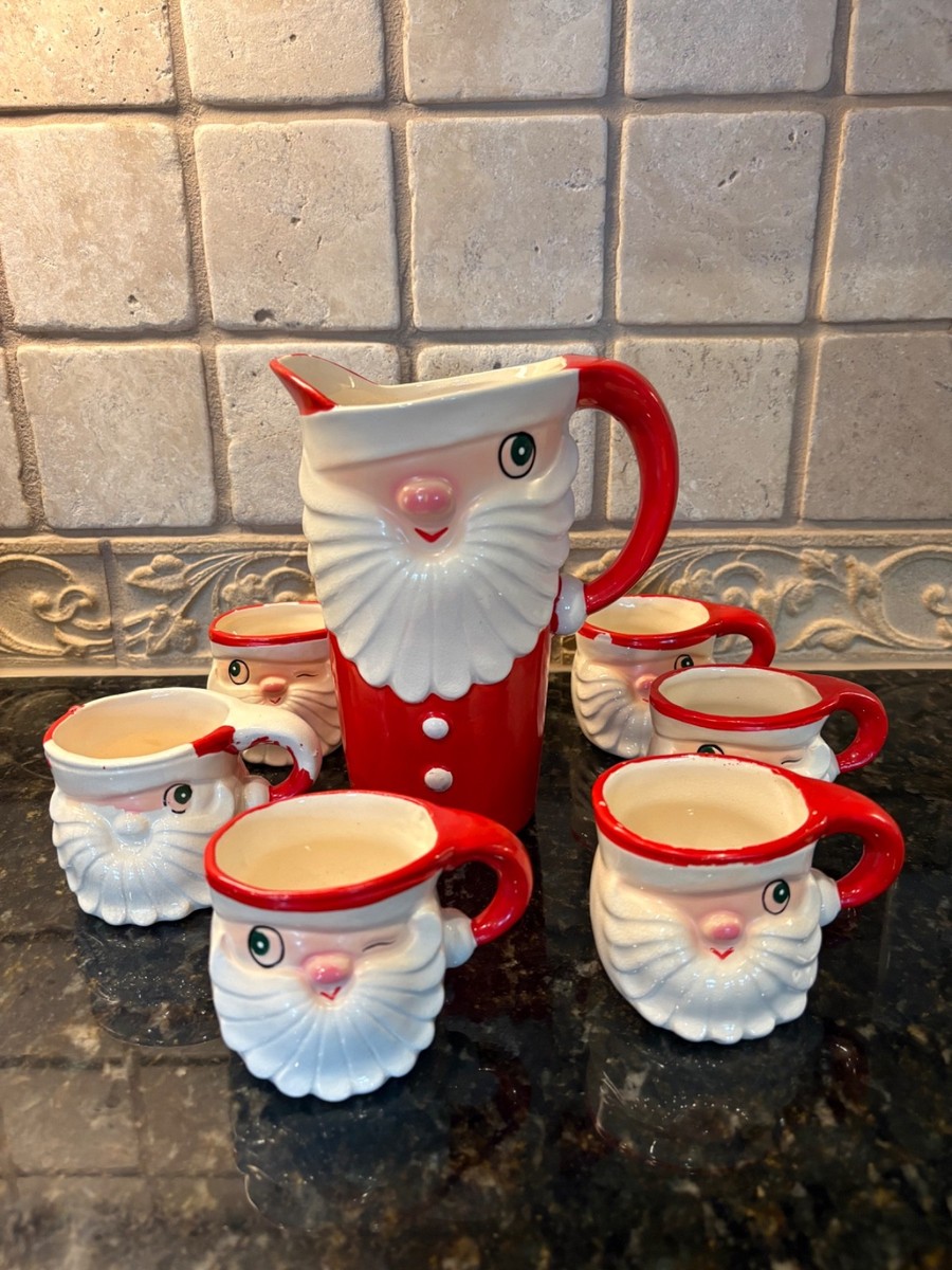1959 Holt Howard Winking Santa Pitcher & 6 Mugs Japan Christmas