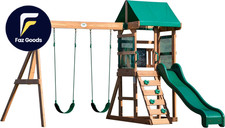 Backyard Discovery Buckley Hill Cedar Wood Swing Set with Wave Slide, Play Deck,