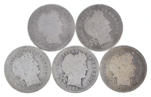 Better Lot 5 1902-S 1898 1905-S 1902-O 1906-D Barber Dime 0.50 Face *202