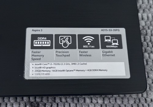 Notebook Acer Aspire 3 A315-53 / i3 7 Gen./ 20GB Optane RAM / 1000GB HDD -Top- - Bild 4 von 8