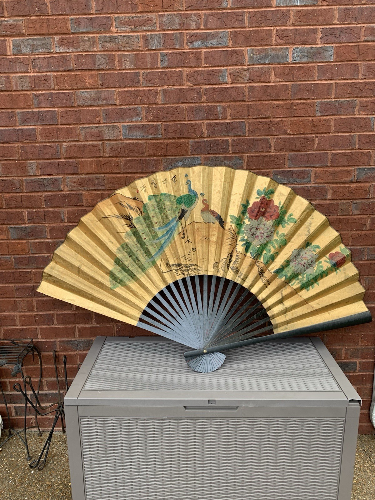 RARE 68” VTG Gilt Asian Wall Fan Handpaint Peacock Gold Leaf Black Monture Birds
