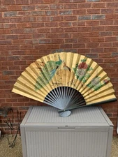 RARE 68” VTG Gilt Asian Wall Fan Handpaint Peacock Gold Leaf Black Monture Birds