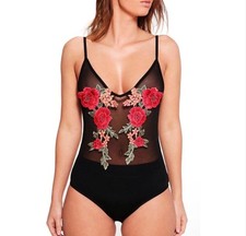 Floral Mesh Bodysuit Women Color Black Size M