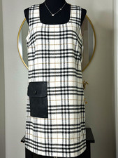 Karen Kane Cream/Black Plaid Shift Square Neck Knee Dress M Pockets 4L15901