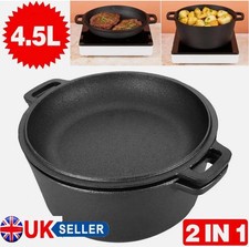 2 in 1 Seasoned Cast Iron Combo Stew Fry Cooking Stockpot 4.5L Double Dutch Oven