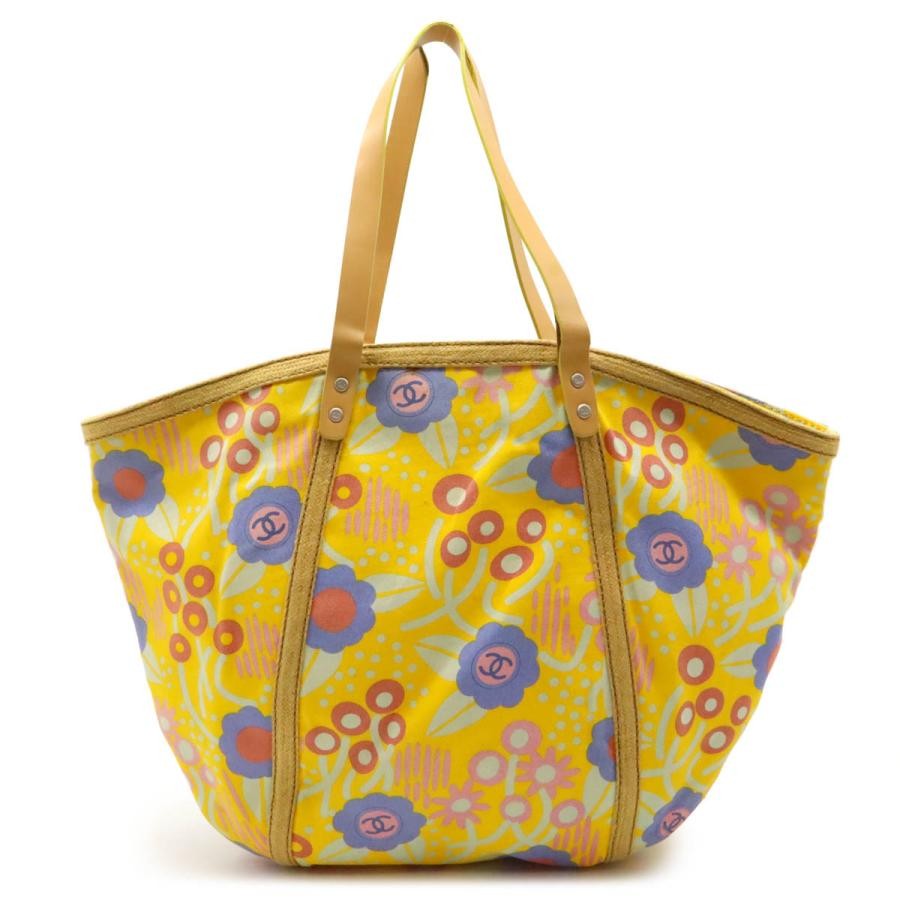CHANEL Floral Print Canvas Leather Shoulder Bag in Yellow Multicolor  -image