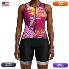 WIXEN Women's Triathlon Suit Sleeveless Padded Back Pockets Size S Multi Leafs