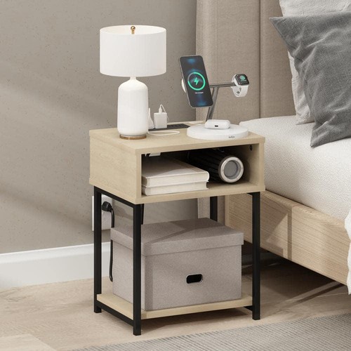 Furinno Moretti 15.2 in. Bauhaus Oak Rectangle Wood End Table with USB and Port - Picture 7 of 7