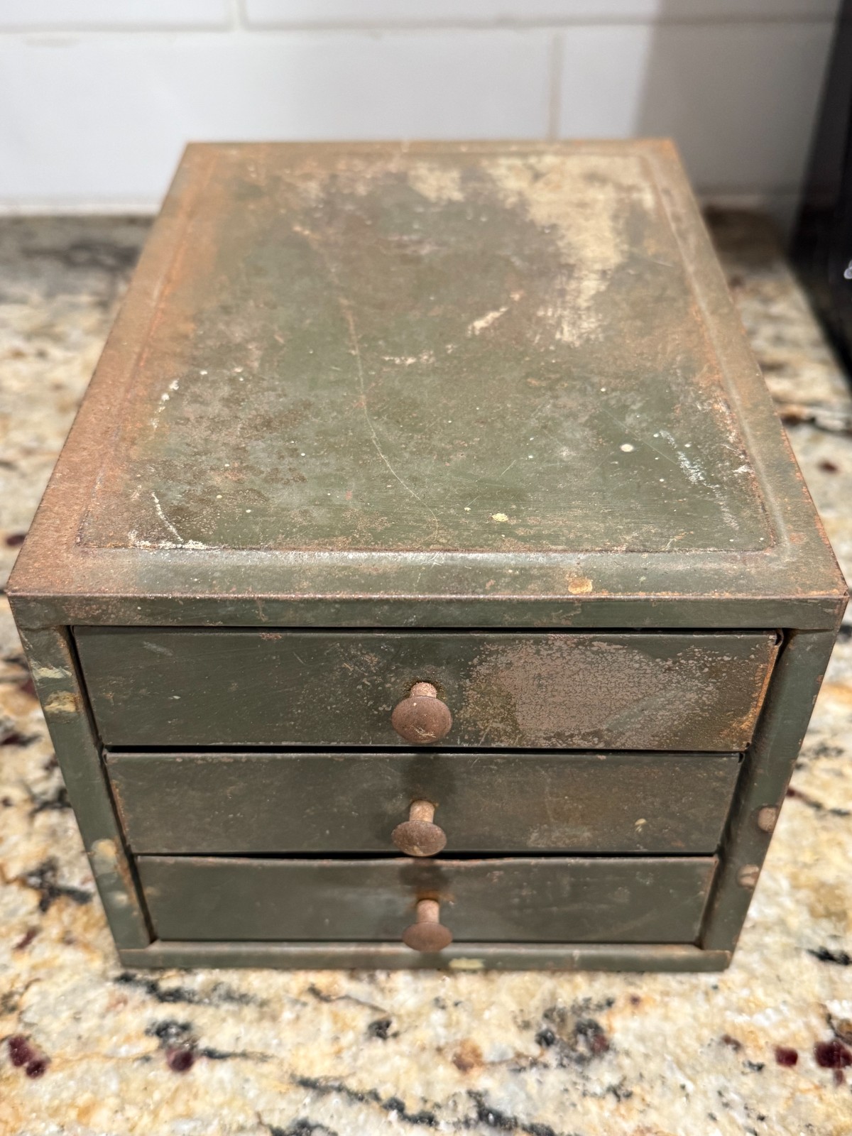 Vintage 3 Drawer Metal Storage Cabinet with Distressed Olive