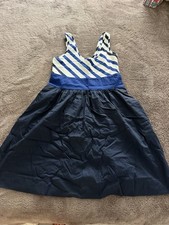 Express Blue/White Striped Fit & Flare V-Neck Dress Pockets Zip Size 6