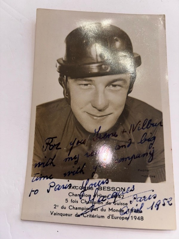 2 JACQUES BESSON CYCLIST POSTCARDS • AUTOGRAPHED PHOTO AND CARD • 1952 • SWISS