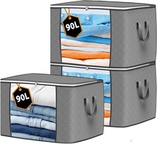 Storage Bags Clothes Organizer 3 Pack Grey, Large Moving Boxes With Top Lid 90L