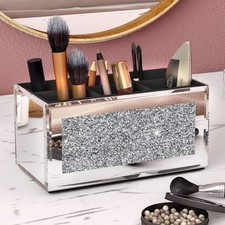 Mirrored Makeup Brush Holder Organizer with Crushed Diamond, 6 Slots