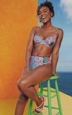 Tabitha Brown Blue Pink Leopard High Waist 2 Pc Bikini Bathing Swim Suit Sz M, S