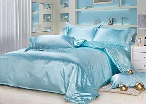 4 Pieces Satin Sheets 100% Pure Silk Luxurious Ultra-Soft Queen Aqua Blue