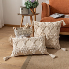 1X Striped Tufted Cushion Cover Tassels Decorative Lumbar Throw Pillow Sham Home