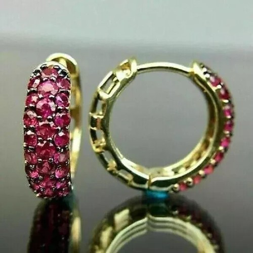 Lab-Created Pink Ruby Huggee Hoop Earrings 2Ct Round Cut 14K Yellow Gold Plated - Picture 2 of 5